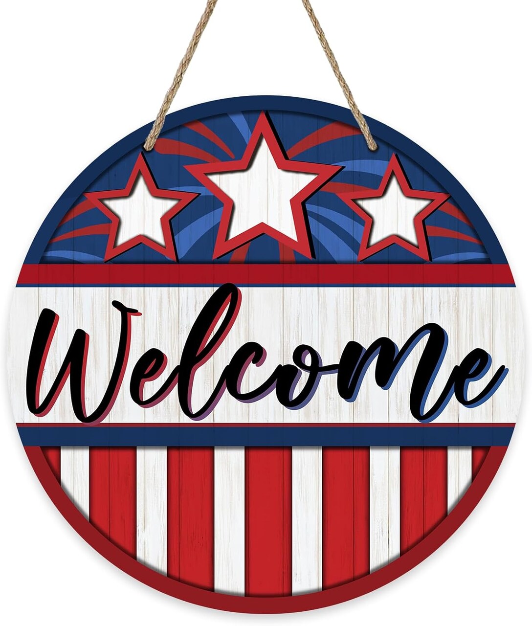 Welcome 4th of July Front Door Sign, Patriotic America Stars Stripes Wood Door Hanger Outdoor Outside Porch Decor, American USA Farmhouse Wooden Wreath Indoor Wall Hanging Decoration